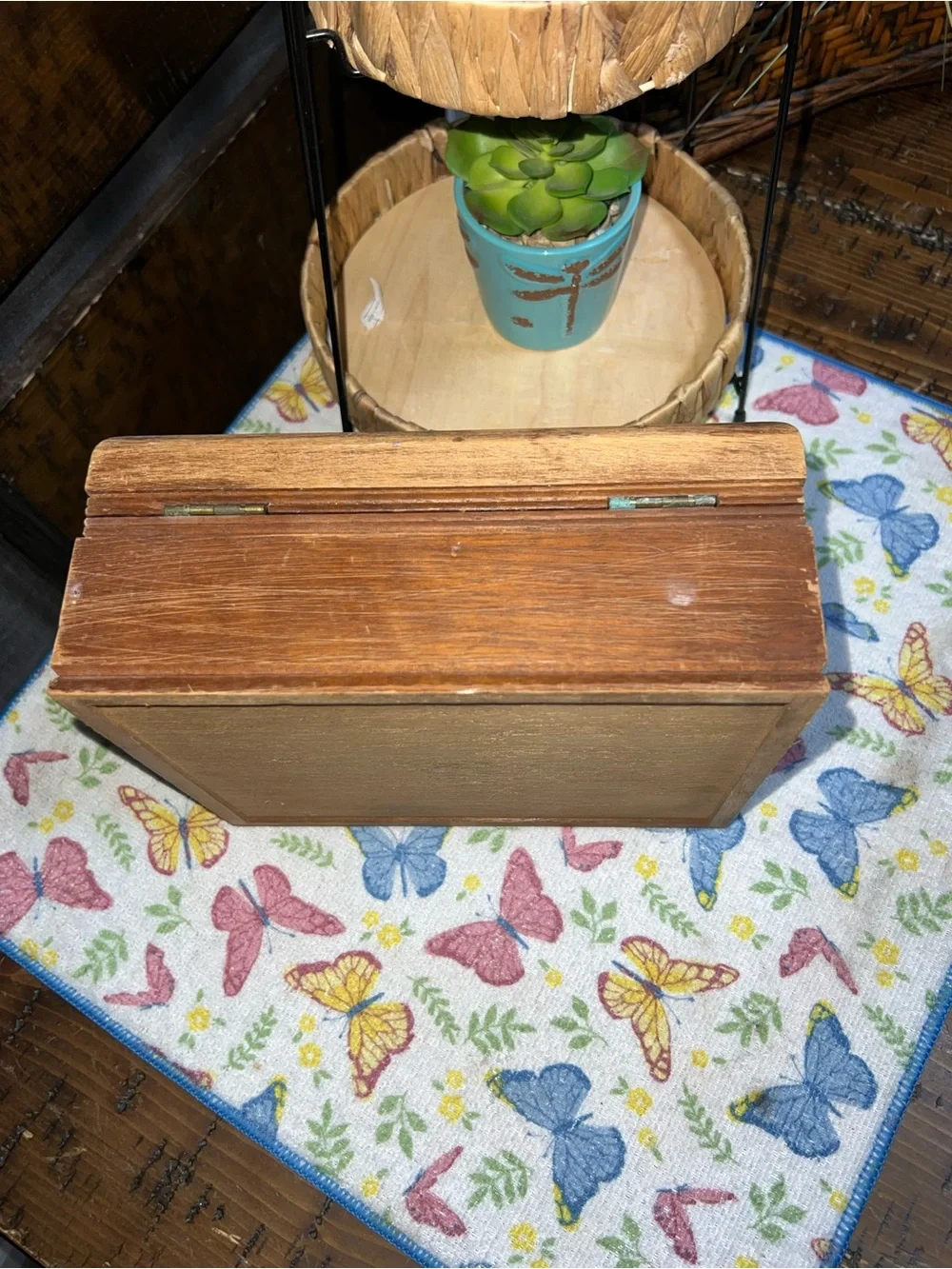 Vintage Wooden Jewelry Box Tapestry Top Yellow Velvet Lining Tray Needlepoint